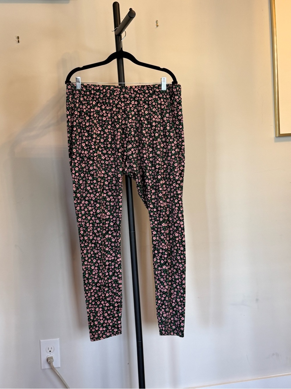3/$10 Serra Black Leggings with Pink Floral Print